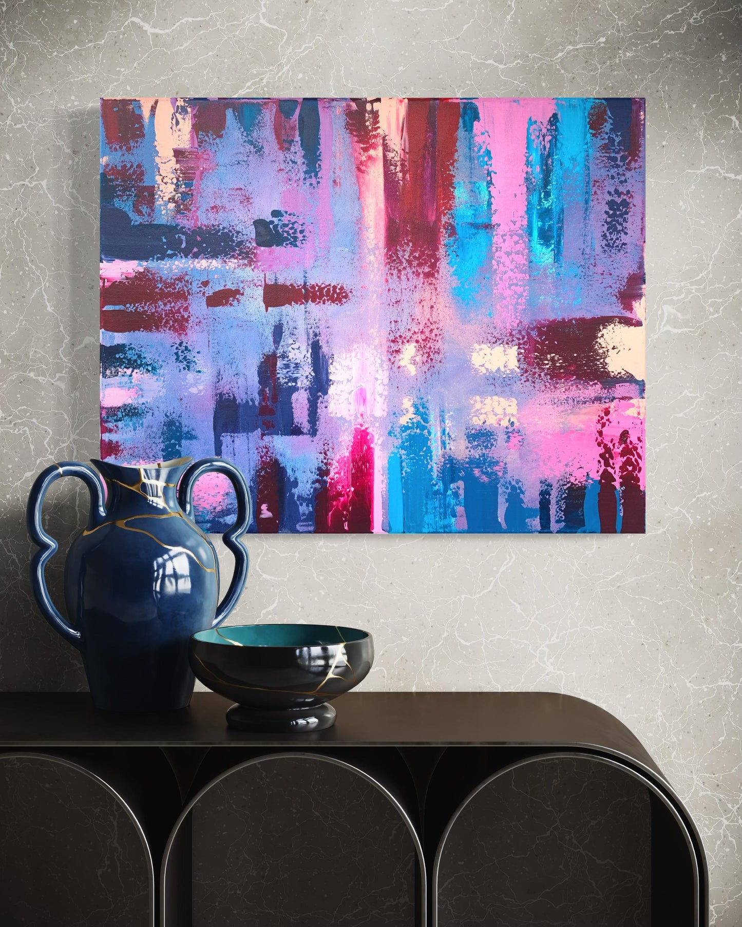 Original acrylic painting with deep blue layers, abstract wall décor.