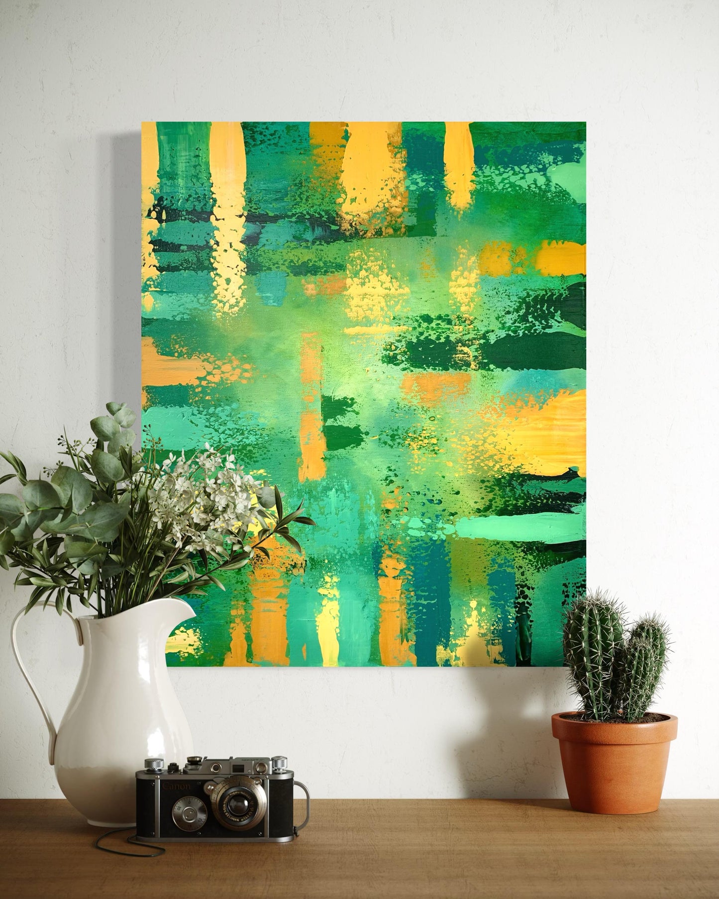 Close-up of green textured brushstrokes, nature abstract painting.
