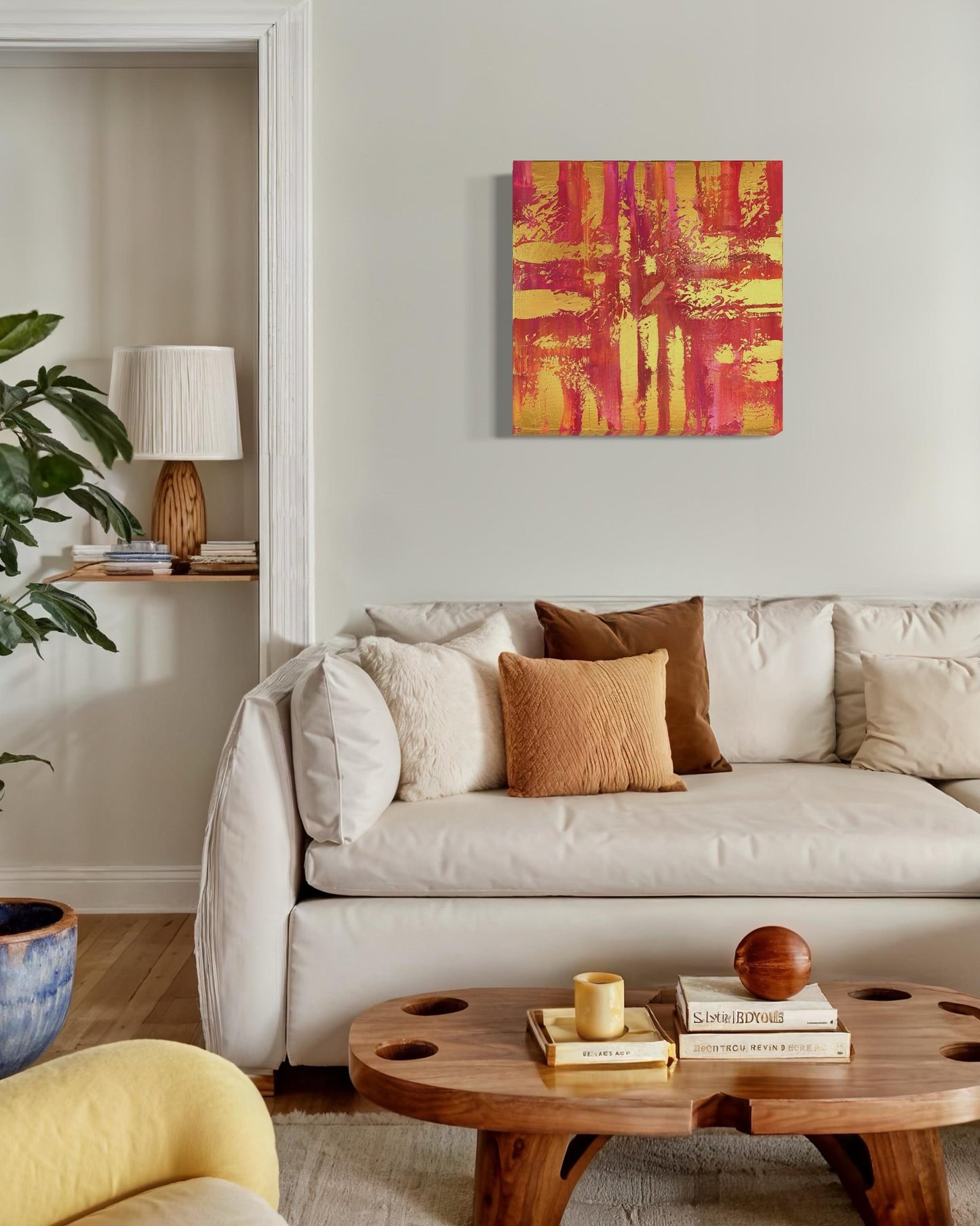 Pink and gold acrylic abstract painting, expressive wall art for living room or lounge.