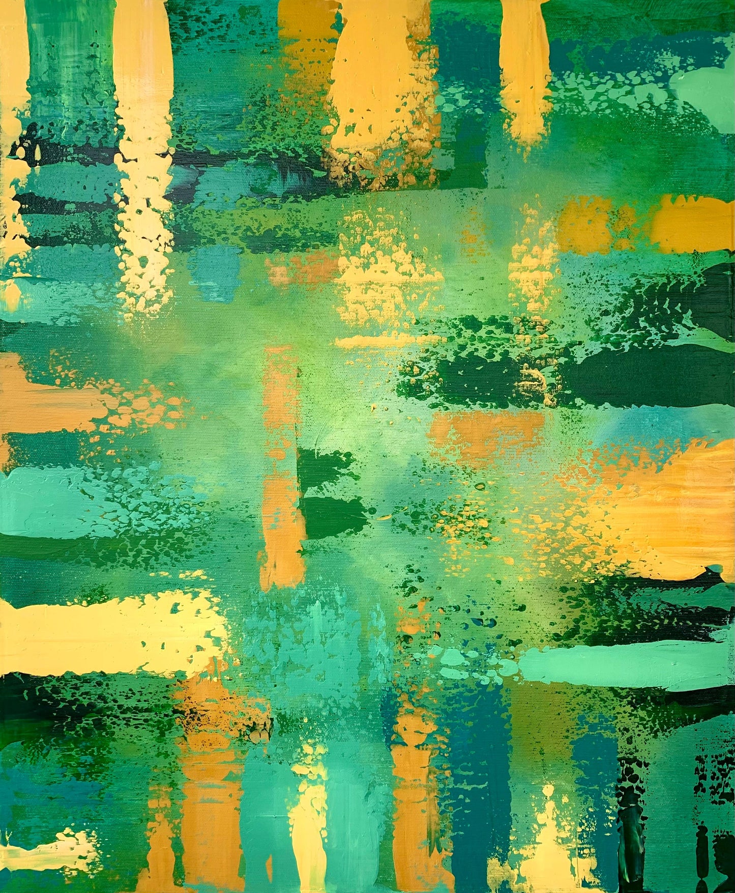 Green and yellow nature inspired abstract painting, original acrylic on canvas.