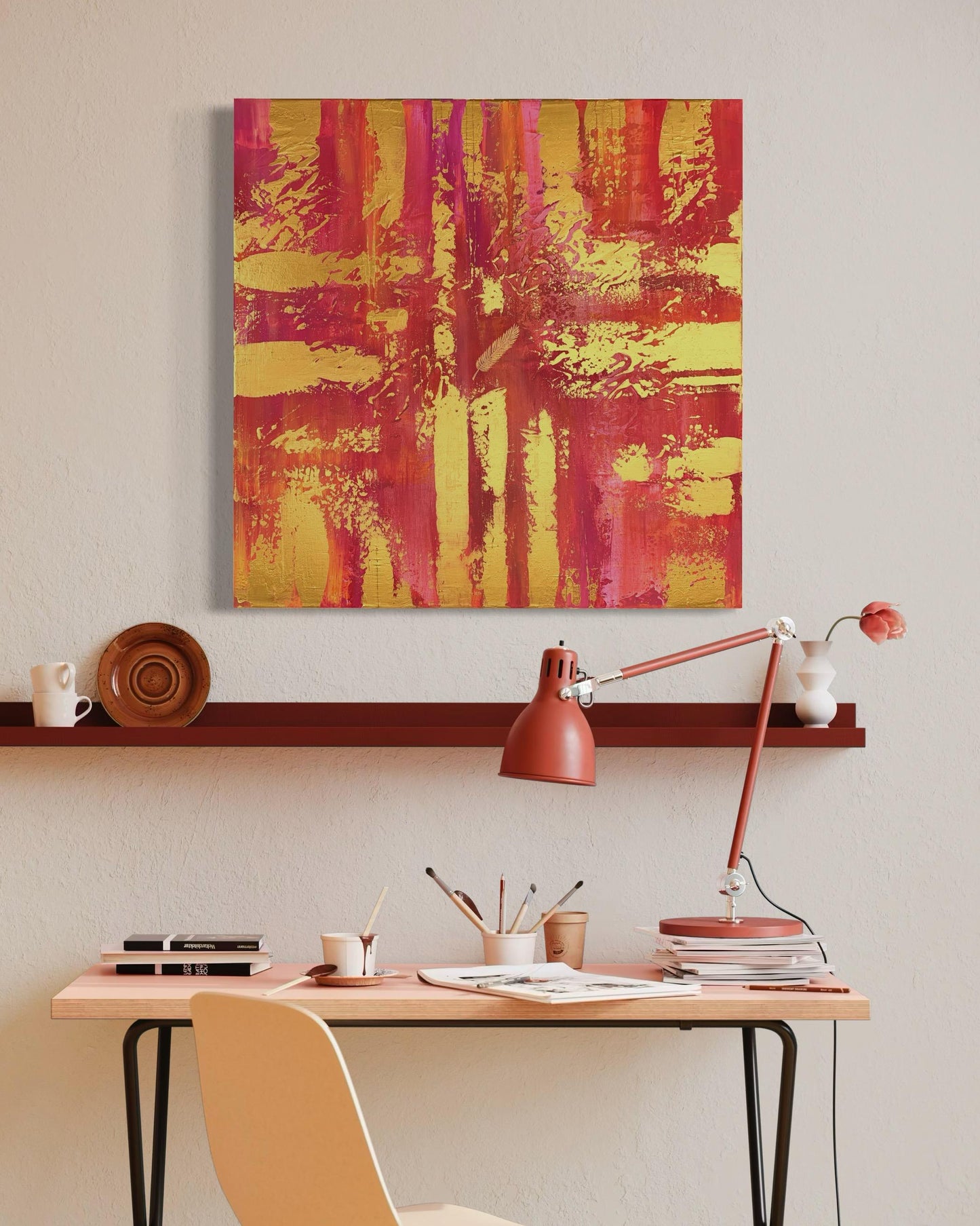 Contemporary expressionist painting in pink and gold, emotional acrylic artwork.