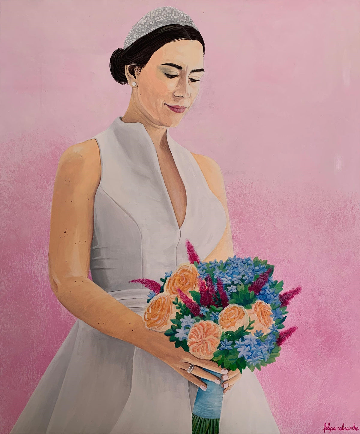 Hand-painted realistic acrylic portrait of a bride on her wedding day, custom commission by Filipa Cabecinha.