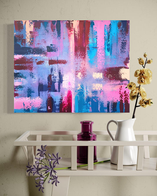 Modern abstract art for living room, blue-purple tones and expressive texture.